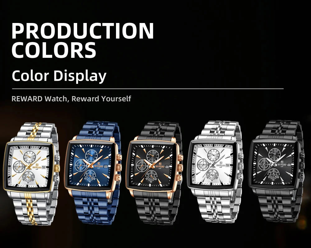 REWARD Men’s Square Luxury Watch – Steel Strap Chronograph & Waterproof Design