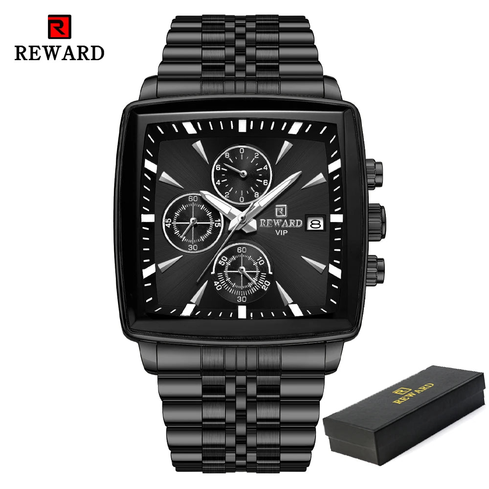 REWARD Men’s Square Luxury Watch – Steel Strap Chronograph & Waterproof Design