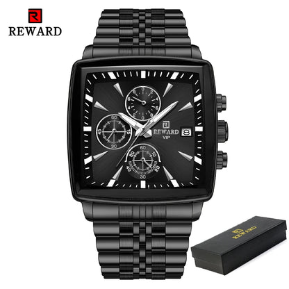 REWARD Men’s Square Luxury Watch – Steel Strap Chronograph & Waterproof Design