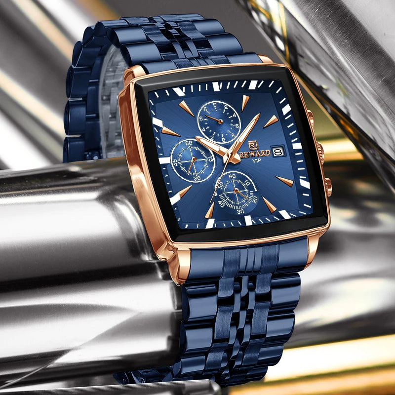 REWARD Men’s Square Luxury Watch – Steel Strap Chronograph & Waterproof Design