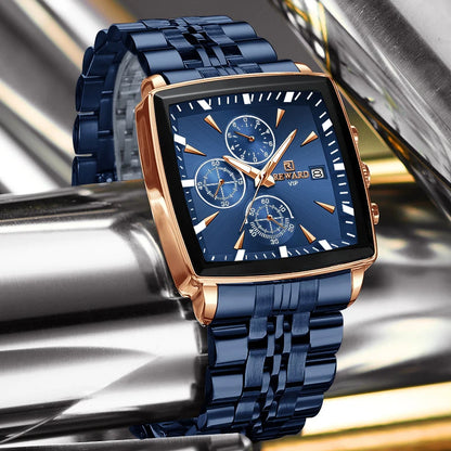 REWARD Men’s Square Luxury Watch – Steel Strap Chronograph & Waterproof Design