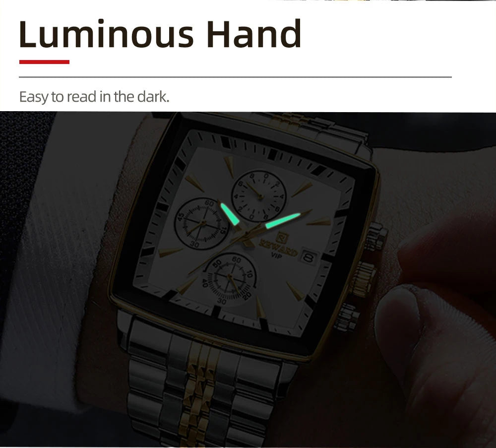 REWARD Men’s Square Luxury Watch – Steel Strap Chronograph & Waterproof Design