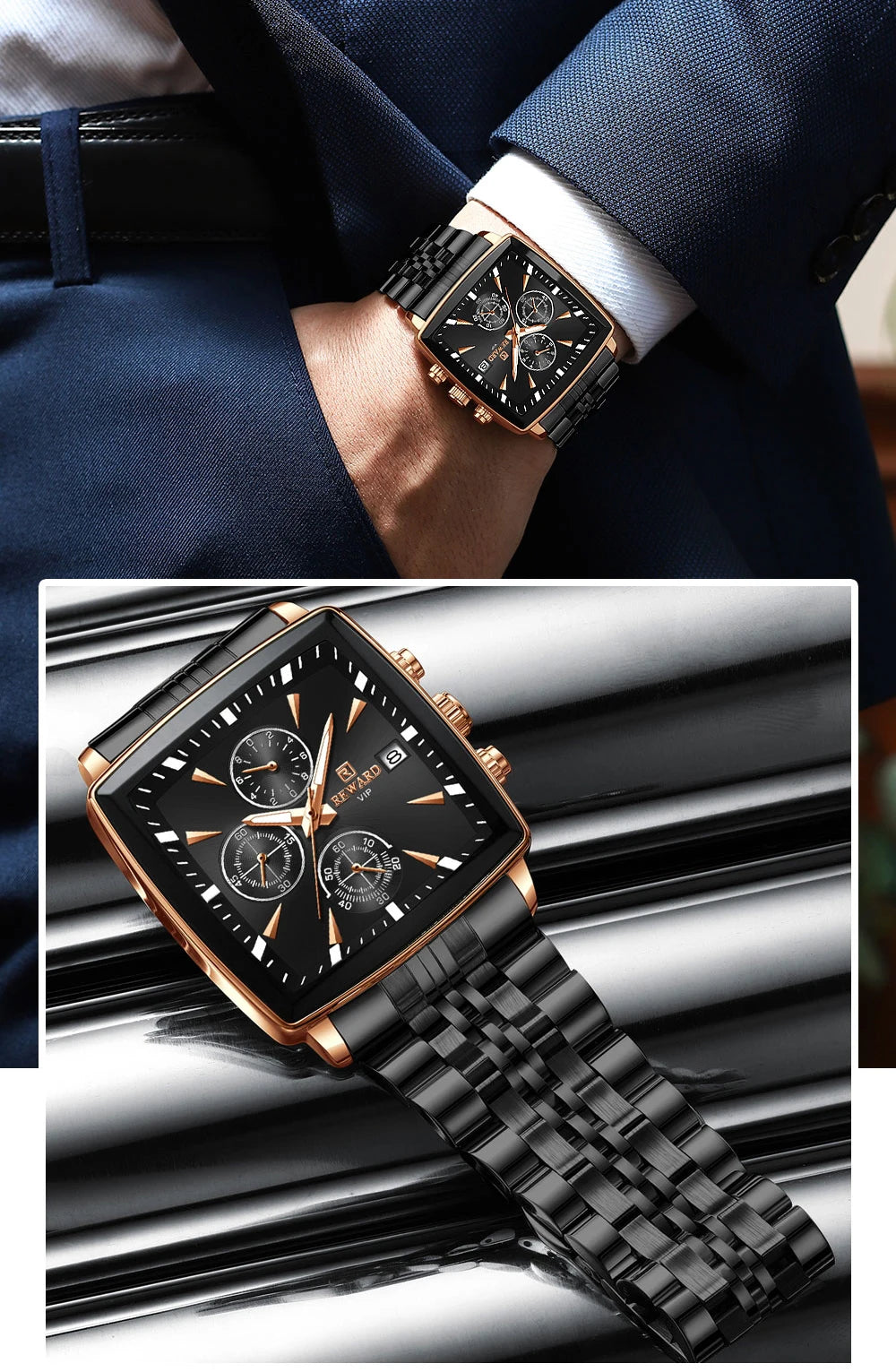 REWARD Men’s Square Luxury Watch – Steel Strap Chronograph & Waterproof Design