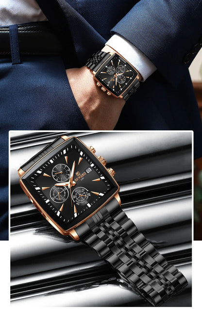 REWARD Men’s Square Luxury Watch – Steel Strap Chronograph & Waterproof Design