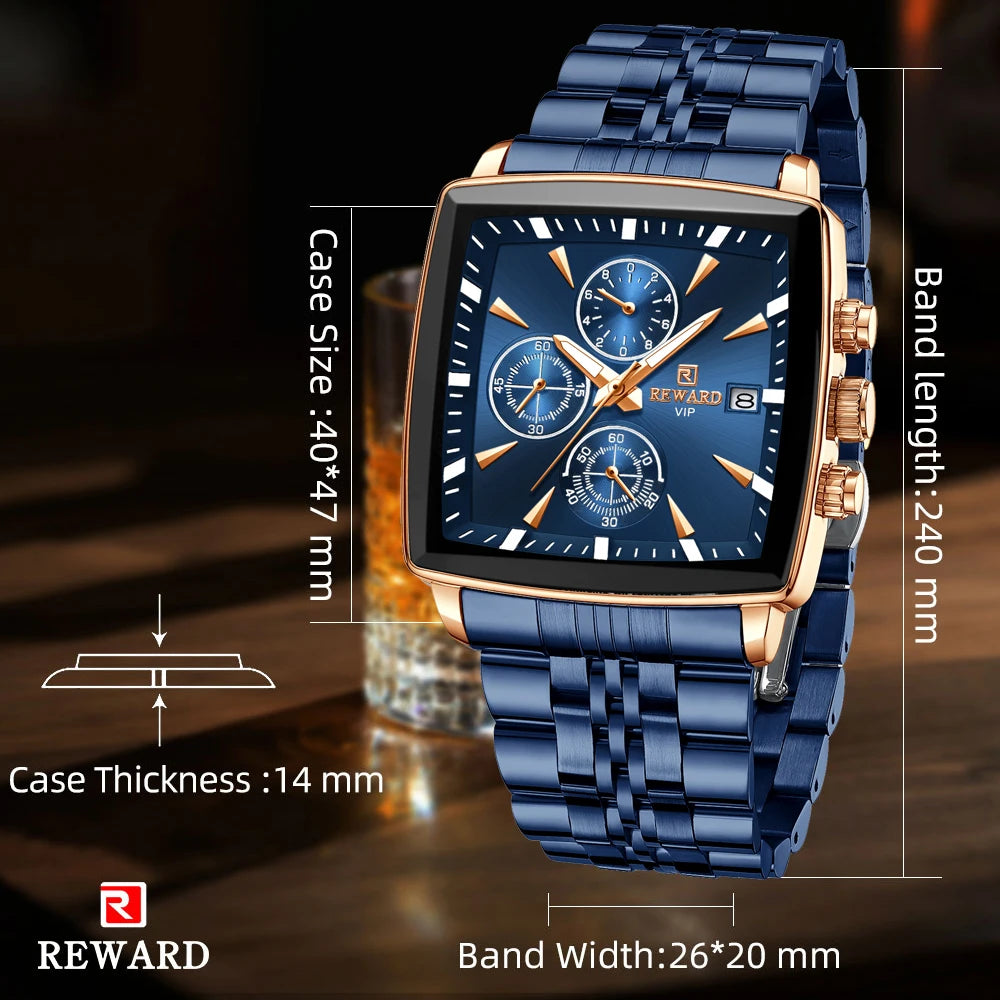 REWARD Men’s Square Luxury Watch – Steel Strap Chronograph & Waterproof Design