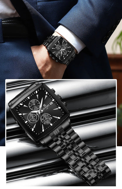REWARD Men’s Square Luxury Watch – Steel Strap Chronograph & Waterproof Design