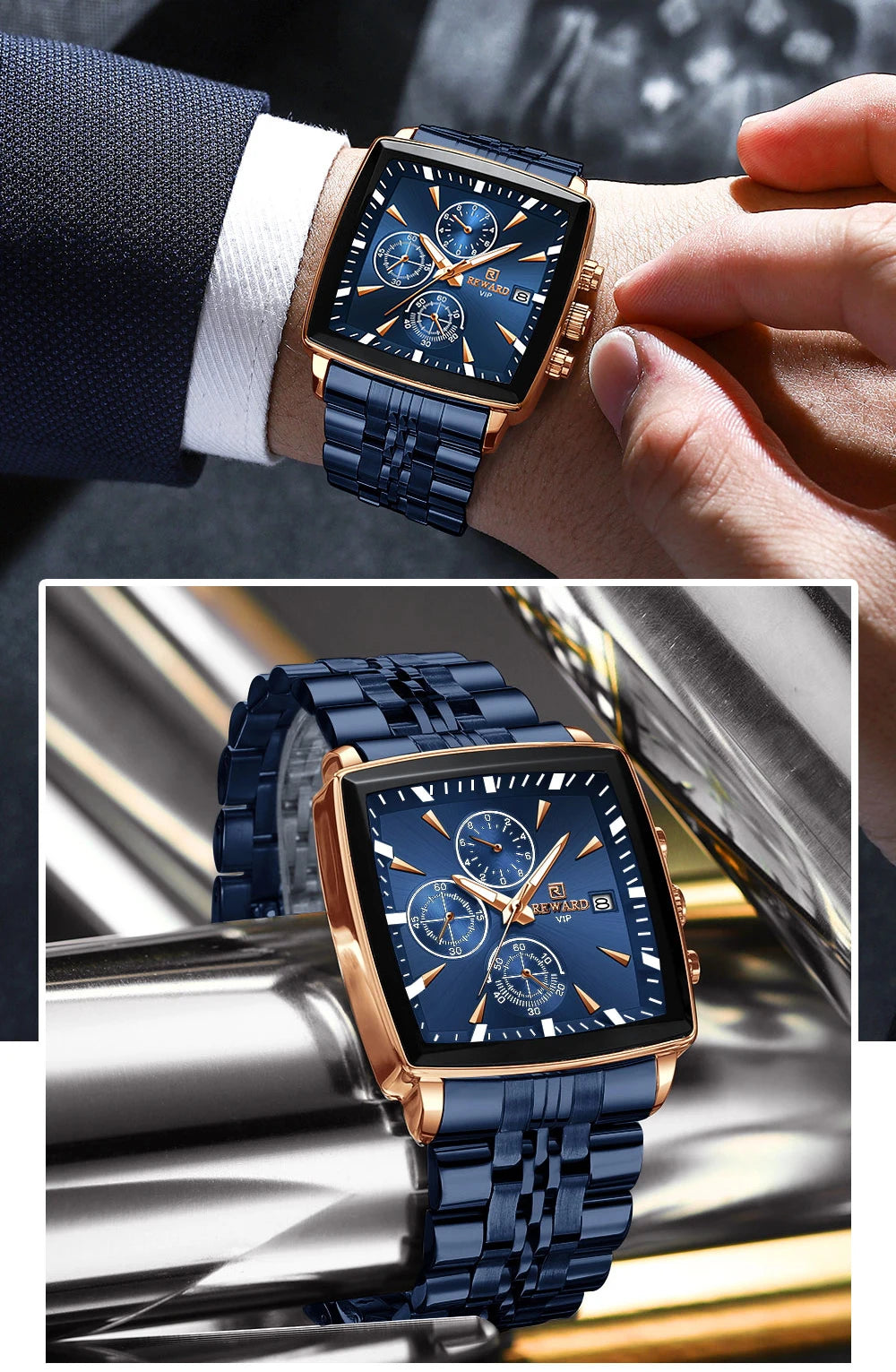 REWARD Men’s Square Luxury Watch – Steel Strap Chronograph & Waterproof Design