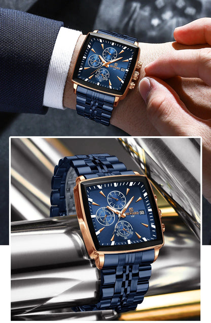 REWARD Men’s Square Luxury Watch – Steel Strap Chronograph & Waterproof Design