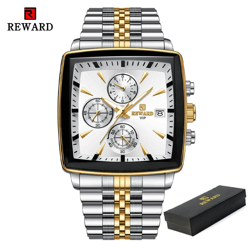 REWARD Men’s Square Luxury Watch – Steel Strap Chronograph & Waterproof Design