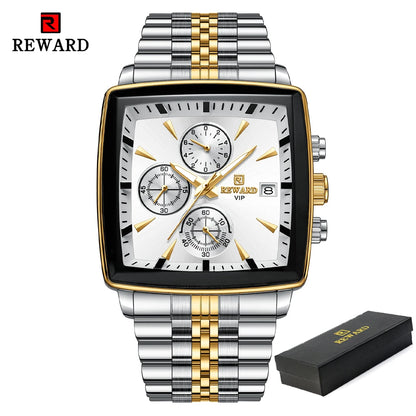 REWARD Men’s Square Luxury Watch – Steel Strap Chronograph & Waterproof Design