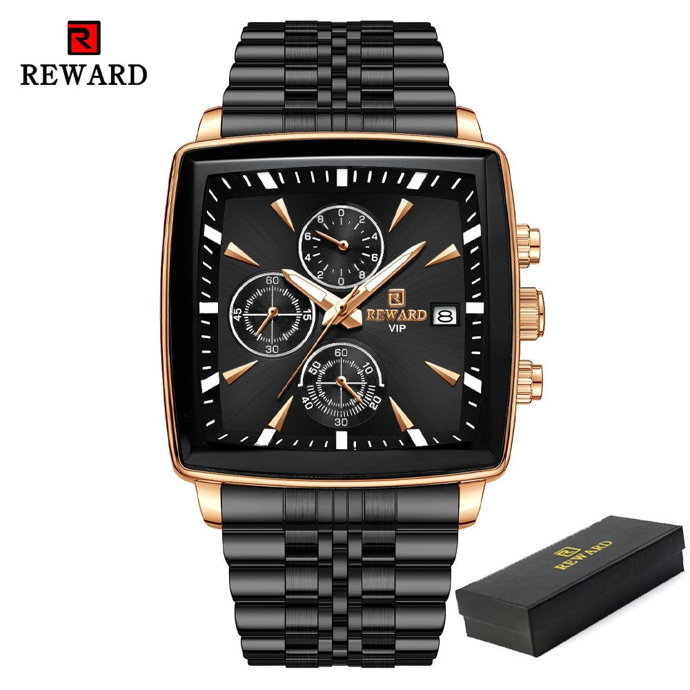 REWARD Men’s Square Luxury Watch – Steel Strap Chronograph & Waterproof Design