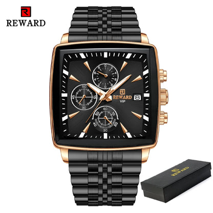 REWARD Men’s Square Luxury Watch – Steel Strap Chronograph & Waterproof Design