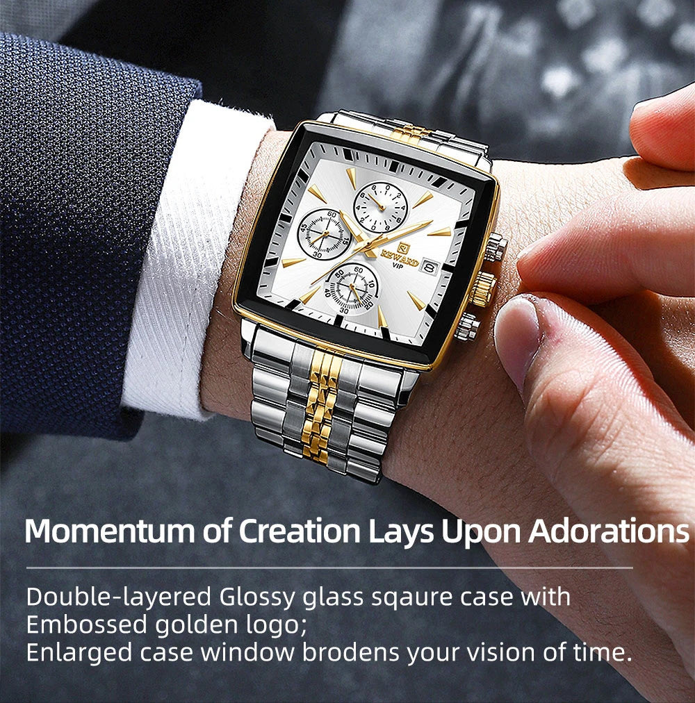 REWARD Men’s Square Luxury Watch – Steel Strap Chronograph & Waterproof Design