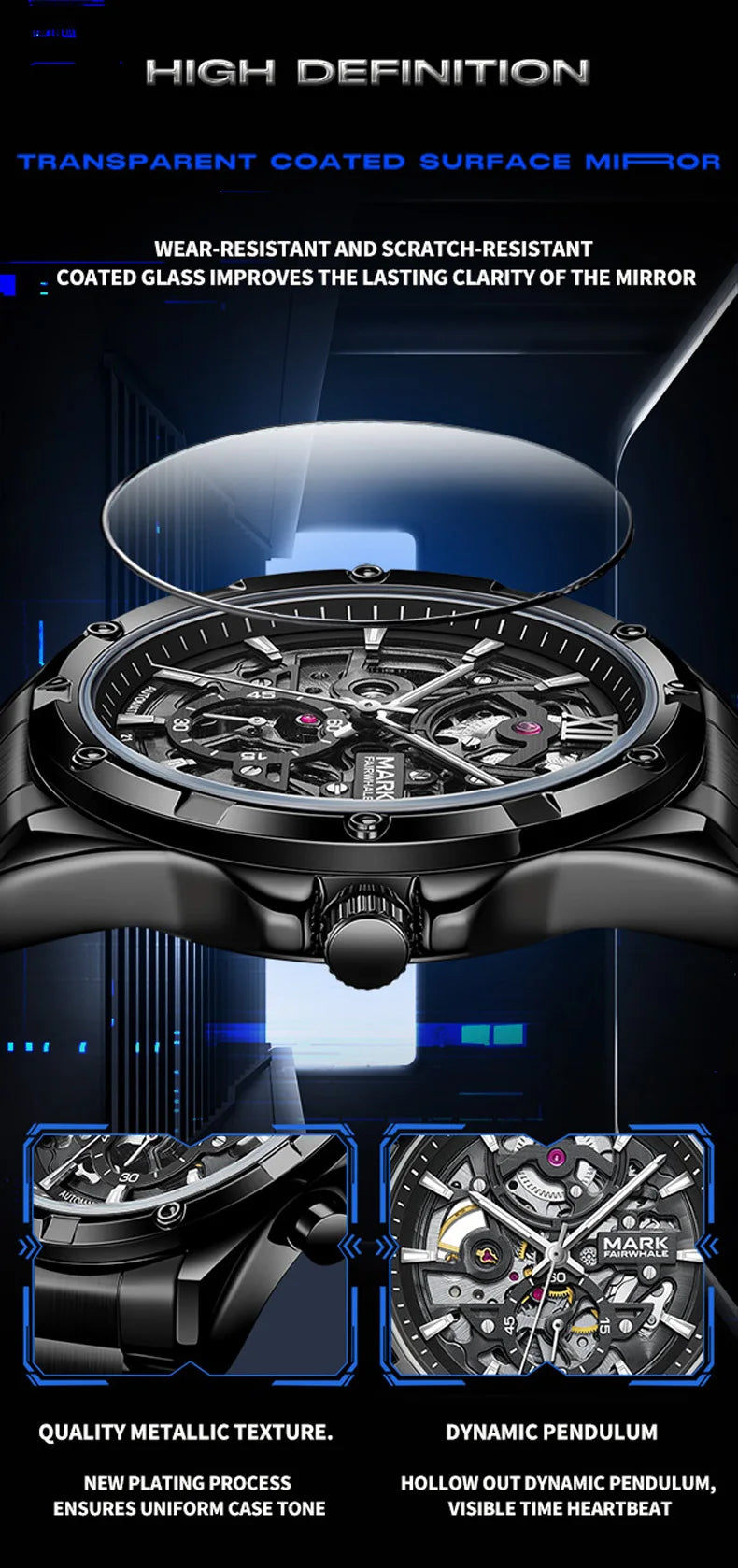 Mark Fairwhale 6960 Automatic Mechanical Watch – Skeleton Design, Waterproof & Luminous