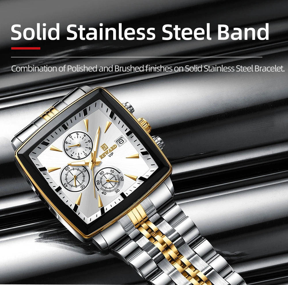 REWARD Men’s Square Luxury Watch – Steel Strap Chronograph & Waterproof Design