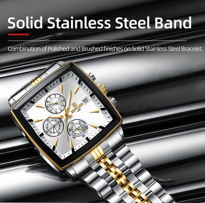 REWARD Men’s Square Luxury Watch – Steel Strap Chronograph & Waterproof Design