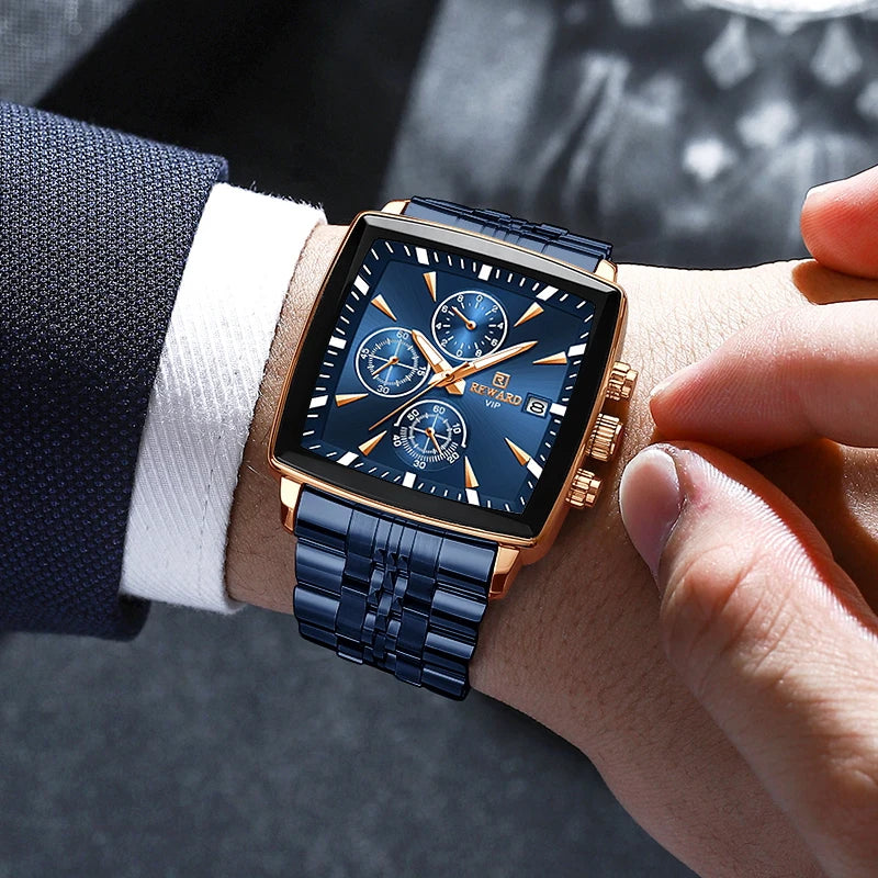REWARD Men’s Square Luxury Watch – Steel Strap Chronograph & Waterproof Design
