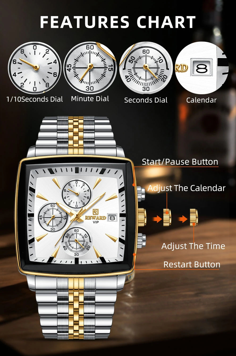 REWARD Men’s Square Luxury Watch – Steel Strap Chronograph & Waterproof Design