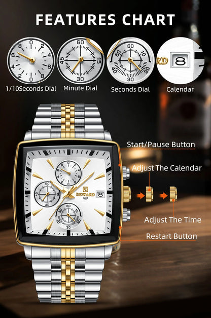 REWARD Men’s Square Luxury Watch – Steel Strap Chronograph & Waterproof Design