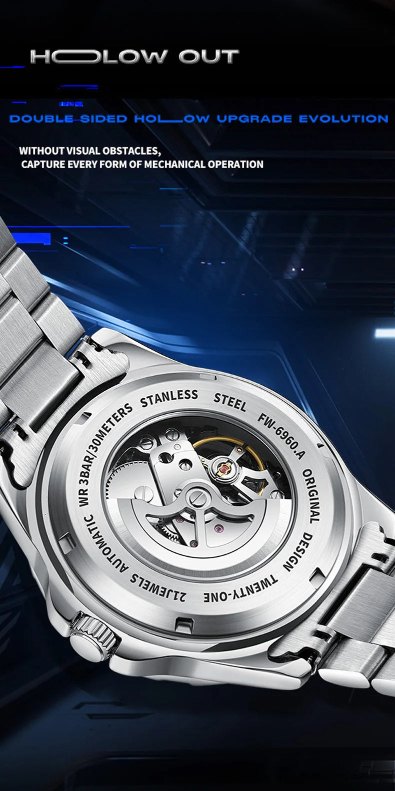 Mark Fairwhale 6960 Automatic Mechanical Watch – Skeleton Design, Waterproof & Luminous