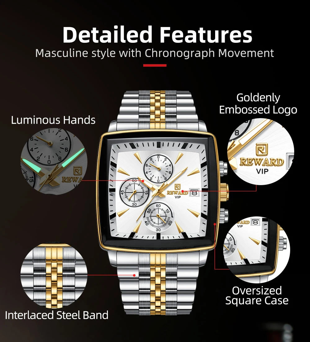 REWARD Men’s Square Luxury Watch – Steel Strap Chronograph & Waterproof Design