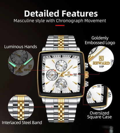 REWARD Men’s Square Luxury Watch – Steel Strap Chronograph & Waterproof Design