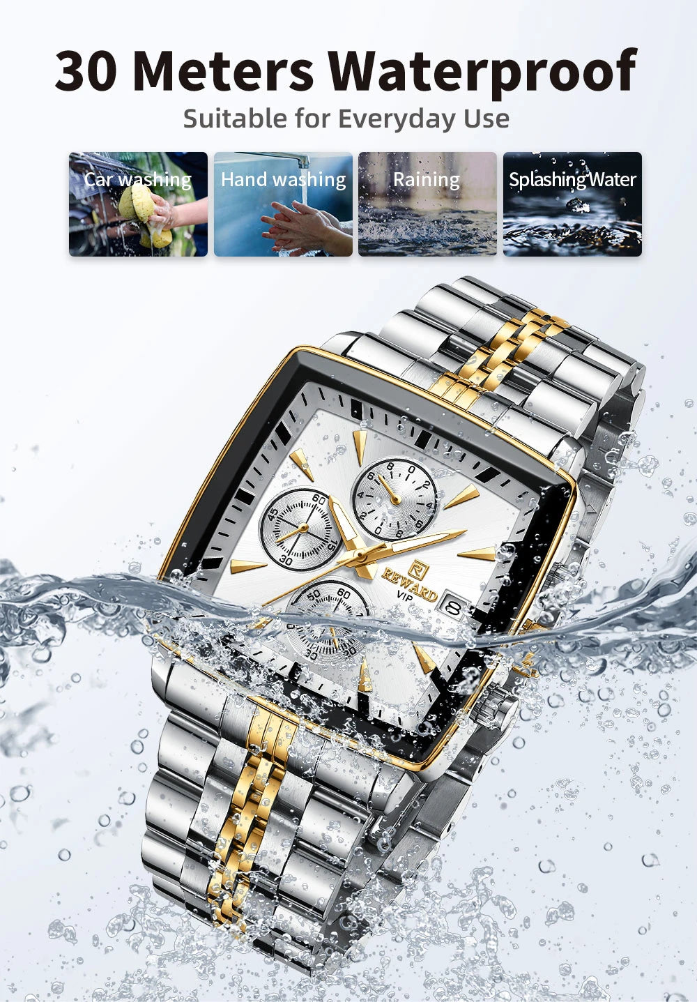 REWARD Men’s Square Luxury Watch – Steel Strap Chronograph & Waterproof Design