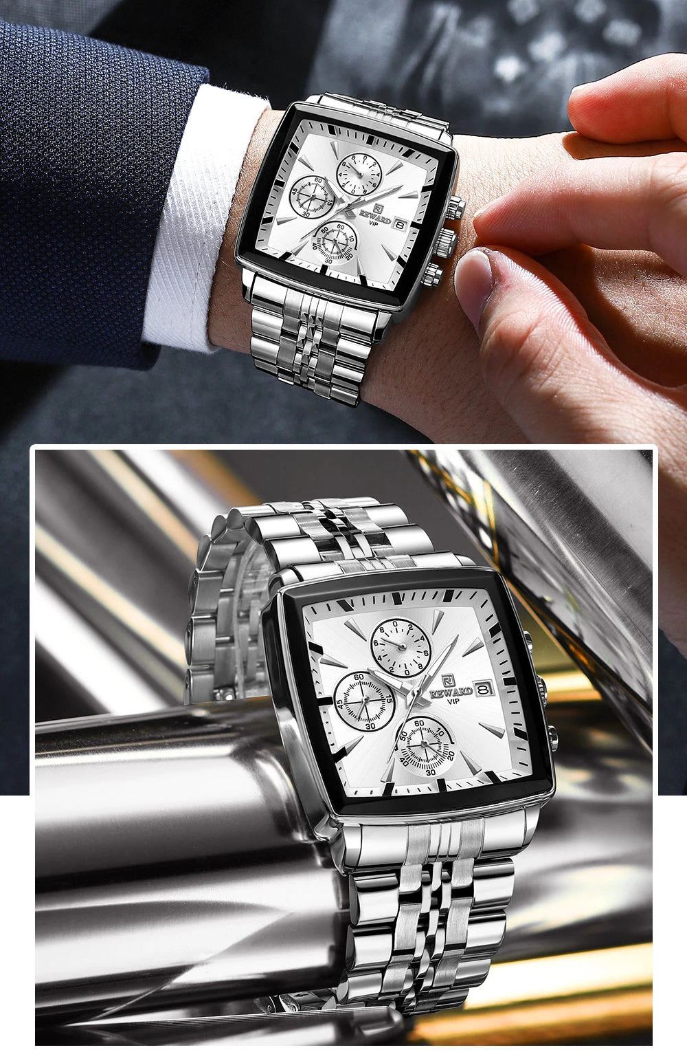 REWARD Men’s Square Luxury Watch – Steel Strap Chronograph & Waterproof Design