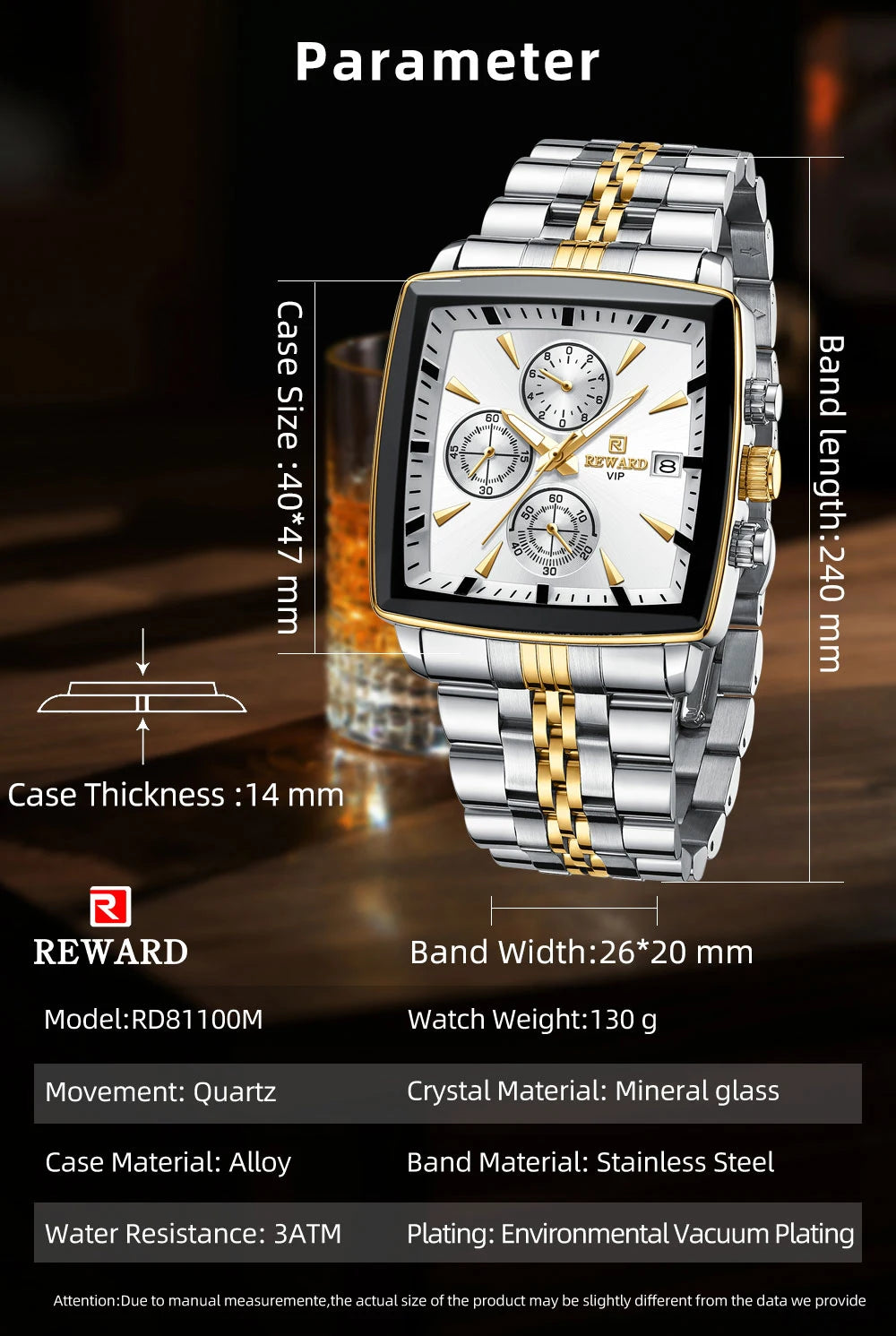 REWARD Men’s Square Luxury Watch – Steel Strap Chronograph & Waterproof Design