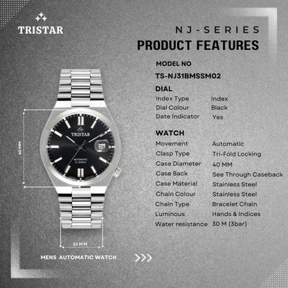 Tristar NJ31BMSSM02 Automatic Black Dial Stainless Steel Men's Watch