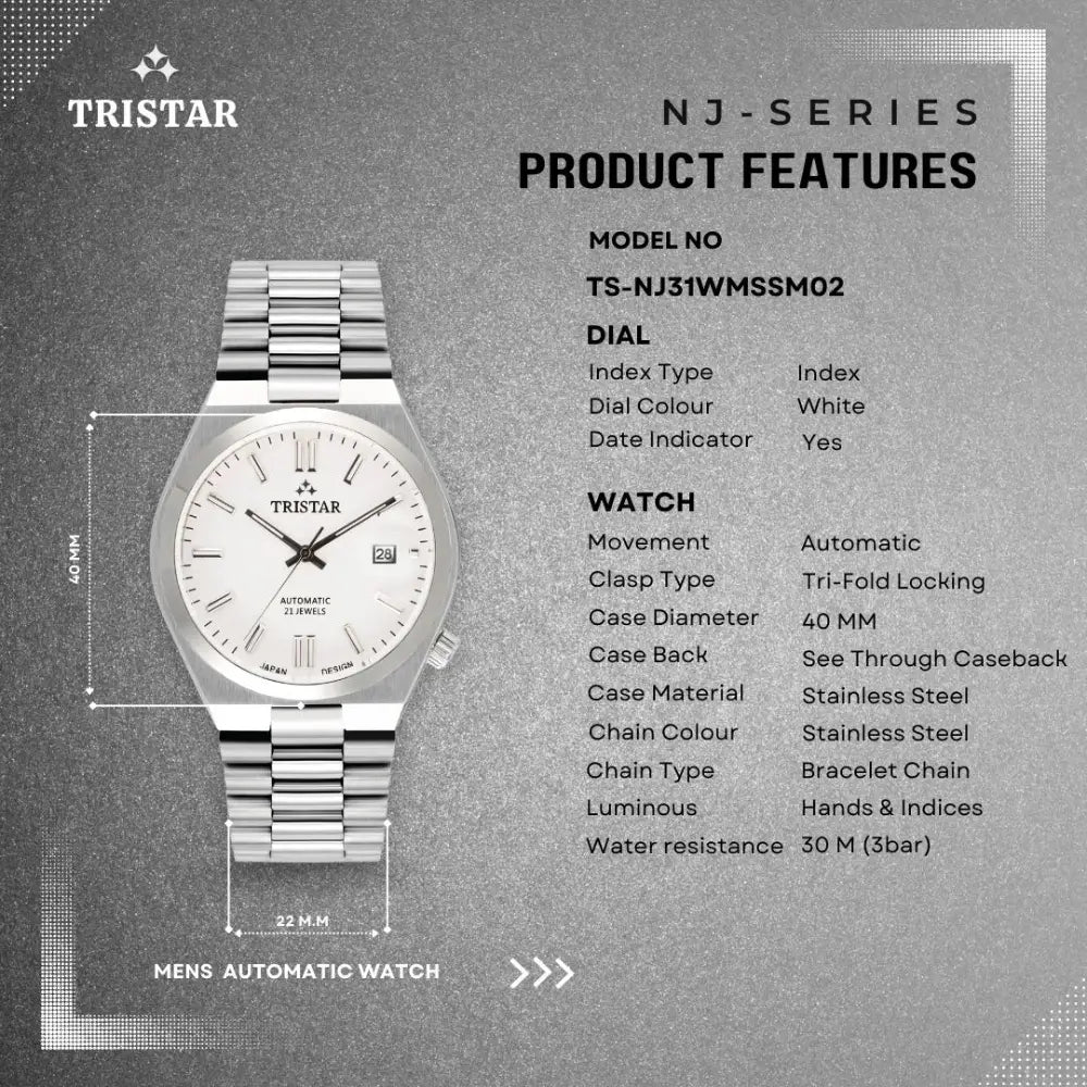 Tristar NJ31WMSSM02 Automatic White Dial Stainless Steel Men's Watch