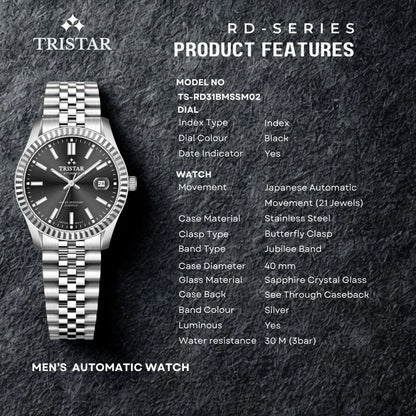 Tristar RD-Series Automatic Black Dial 40mm Stainless Steel Men's Watch - RD31BMSSM02