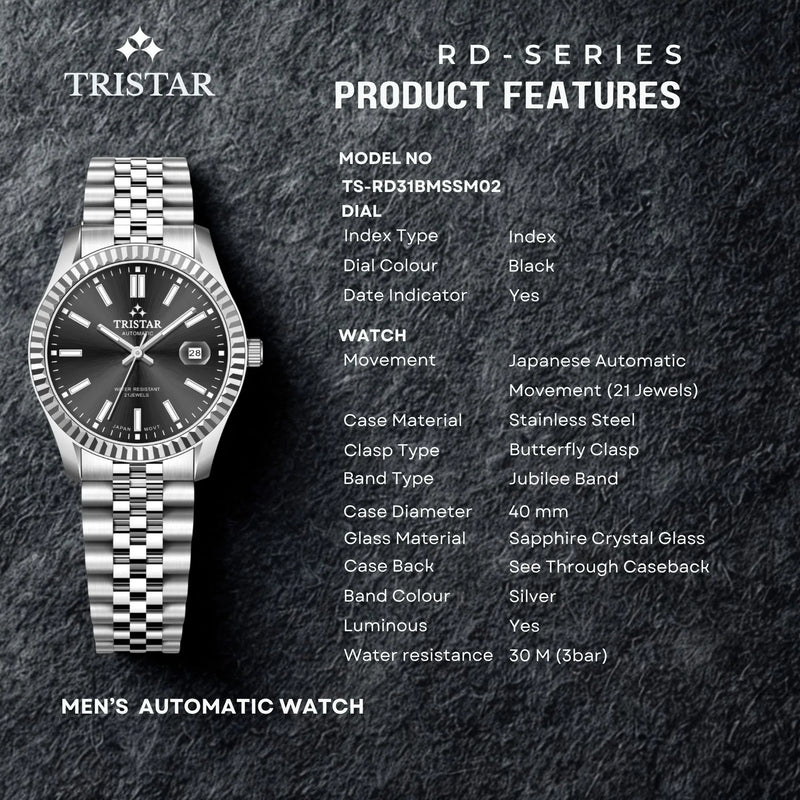 Tristar RD-Series Automatic Black Dial 40mm Stainless Steel Men's Watch - RD31BMSSM02 detail view
