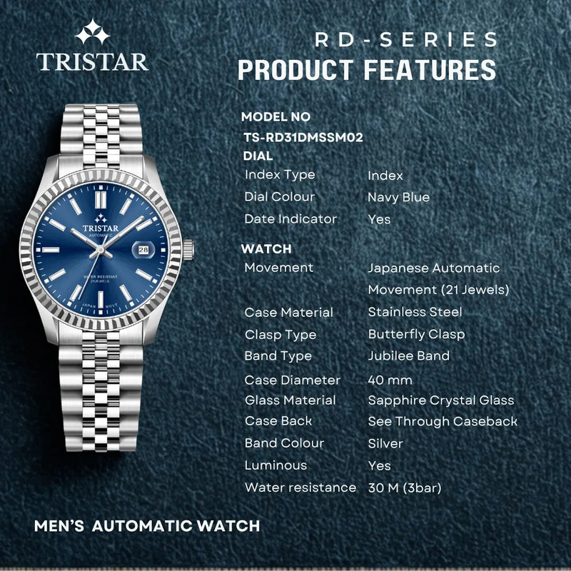 Tristar RD-Series Automatic Navy Blue Dial 40mm Stainless Steel Men's Watch - RD31DMSSM02 detail view