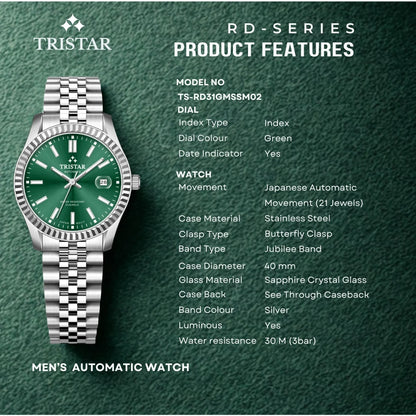 Tristar RD-Series Automatic Green Dial 40mm Stainless Steel Men's Watch - RD31GMSSM02