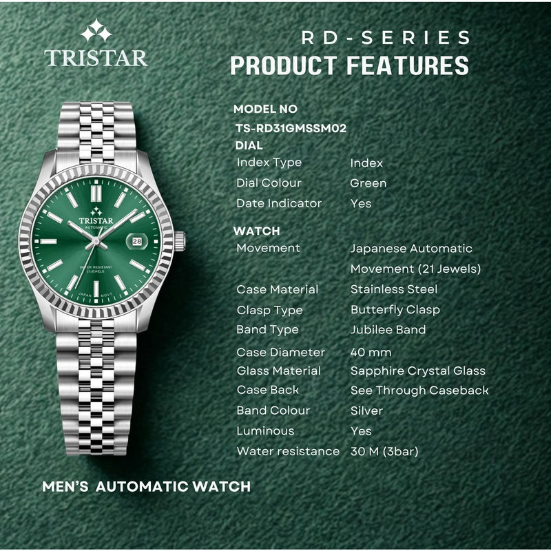 Tristar RD-Series Automatic Green Dial 40mm Stainless Steel Men's Watch - RD31GMSSM02 detail view