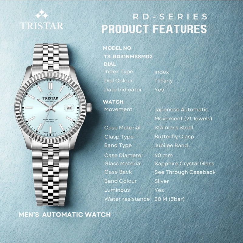 Tristar RD-Series Automatic Tiffany Dial 40mm Stainless Steel Men's Watch - RD31NMSSM02 detail view