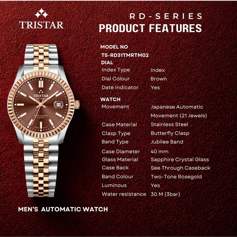 Tristar RD-Series Automatic Brown Dial 40mm Stainless Steel Men's Watch - RD31TMRTM02 detail view
