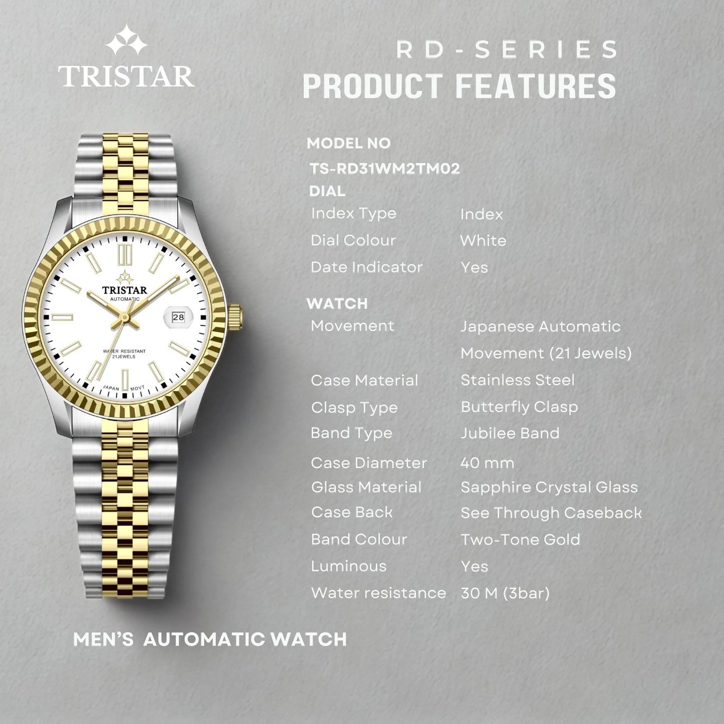 Tristar RD-Series Automatic White Dial 40mm Stainless Steel Men's Watch - RD31WM2TM02