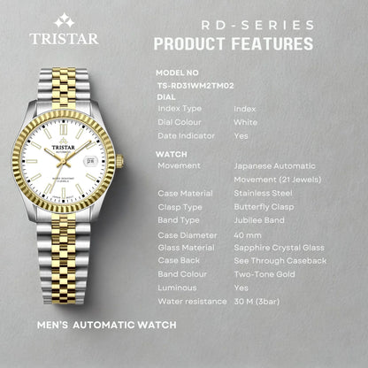 Tristar RD-Series Automatic White Dial 40mm Stainless Steel Men's Watch - RD31WM2TM02