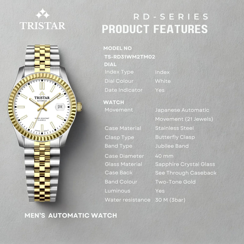 Tristar RD-Series Automatic White Dial 40mm Stainless Steel Men's Watch - RD31WM2TM02 detail view