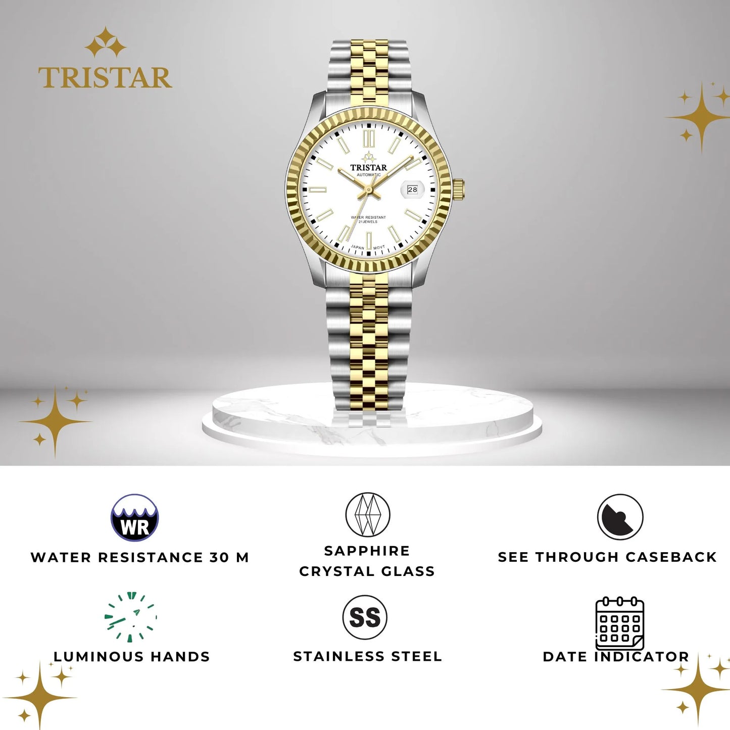 Tristar RD-Series Automatic White Dial 40mm Stainless Steel Men's Watch - RD31WM2TM02