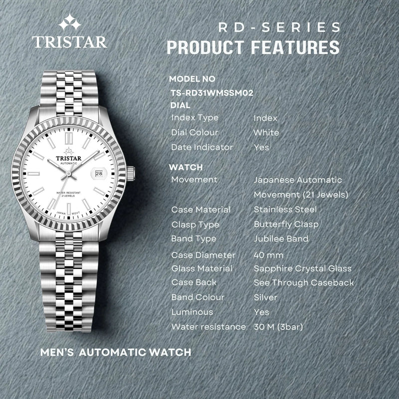 Tristar RD-Series Automatic White Dial 40mm Stainless Steel Men's Watch - RD31WMSSM02 detail view
