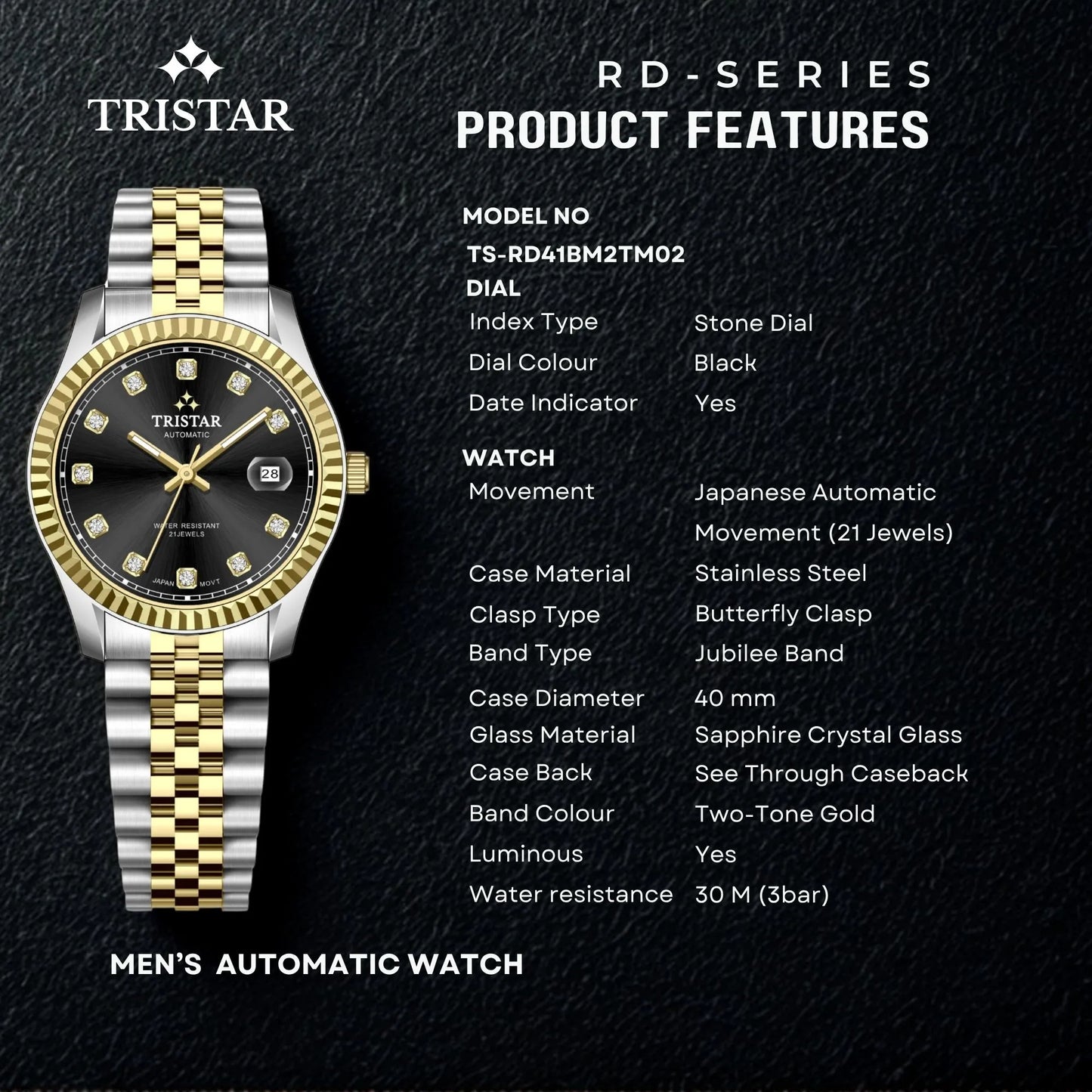 Tristar RD-Series Automatic Black Stone Dial 40mm Stainless Steel Men's Watch - RD41BM2TM02