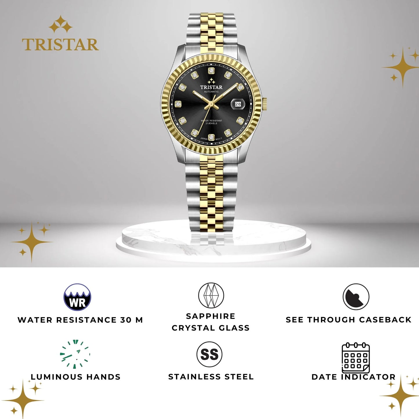 Tristar RD-Series Automatic Black Stone Dial 40mm Stainless Steel Men's Watch - RD41BM2TM02