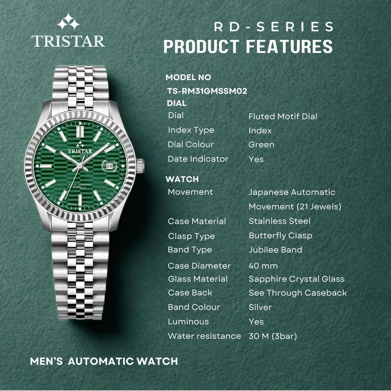 Tristar Automatic Fluted Motif Green Dial 40mm Stainless Steel Men's Watch - RM31GMSSM02 detail view