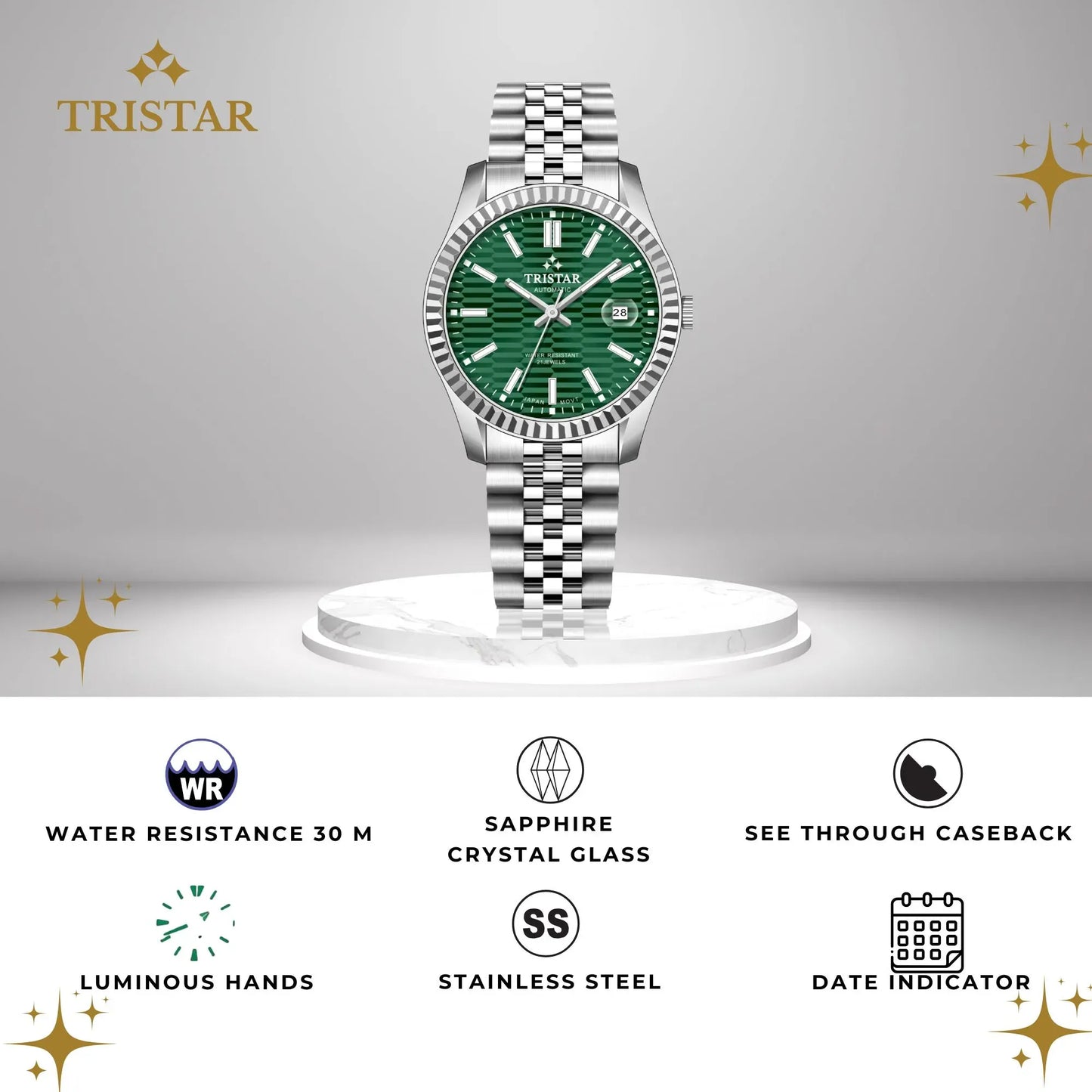 Tristar Automatic Fluted Motif Green Dial 40mm Stainless Steel Men's Watch - RM31GMSSM02