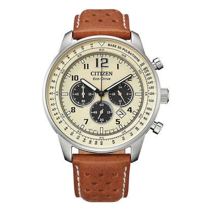 Citizen CA4500-16X Eco-Drive Chronograph Beige Dial 44mm Leather Strap Men's Watch