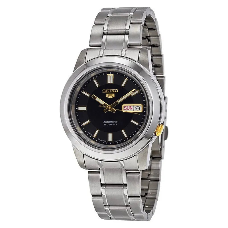 Seiko 5 SNKK17J1 21 Jewels Automatic Black and Gold Dial 38mm Stainless Steel Men's Watch