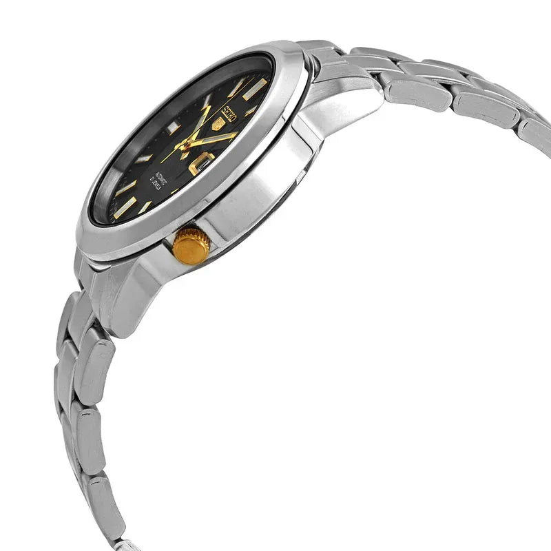 Seiko 5 SNKK17J1 21 Jewels Automatic Black and Gold Dial 38mm Stainless Steel Men's Watch detail view